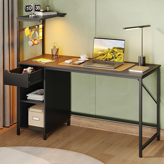 Bestier Gaming Desk with Drawer and LED Lights, 48 inch Computer Desk PC Table with Adjustable Storage Shelves & Hook for Home Office, Carbon Fiber Black - LeafyLoom
