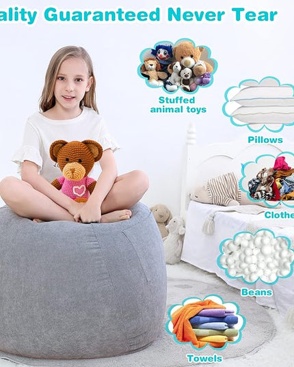 Stuffed Animal Storage Bean Bag Chair Cover (No Filler) for Kids and Adults.Soft Premium Corduroy Stuffable Beanbags for Organizing Children Plush Toys or Memory Foam Small 100L (Grey) - LeafyLoom
