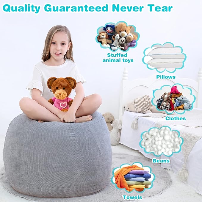 Stuffed Animal Storage Bean Bag Chair Cover (No Filler) for Kids and Adults.Soft Premium Corduroy Stuffable Beanbags for Organizing Children Plush Toys or Memory Foam Small 100L (Grey) - LeafyLoom