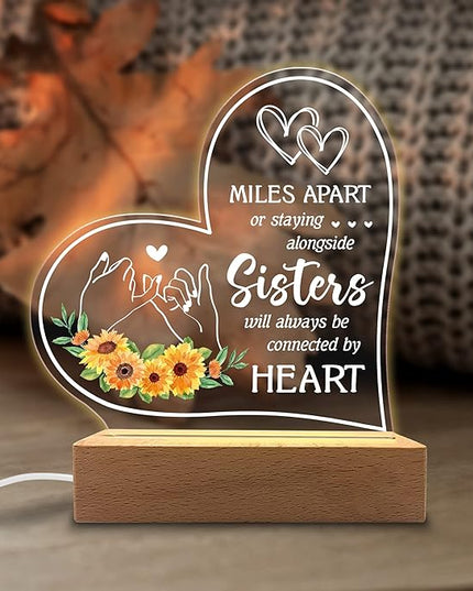 Acrylic Night Light Gifts for Sister - Sisters Will Always be Connected by Hearts - Thoughtful Sister Gifts from Sister, Brother - Birthday Gifts for Sister from Brother, Sister - LeafyLoom