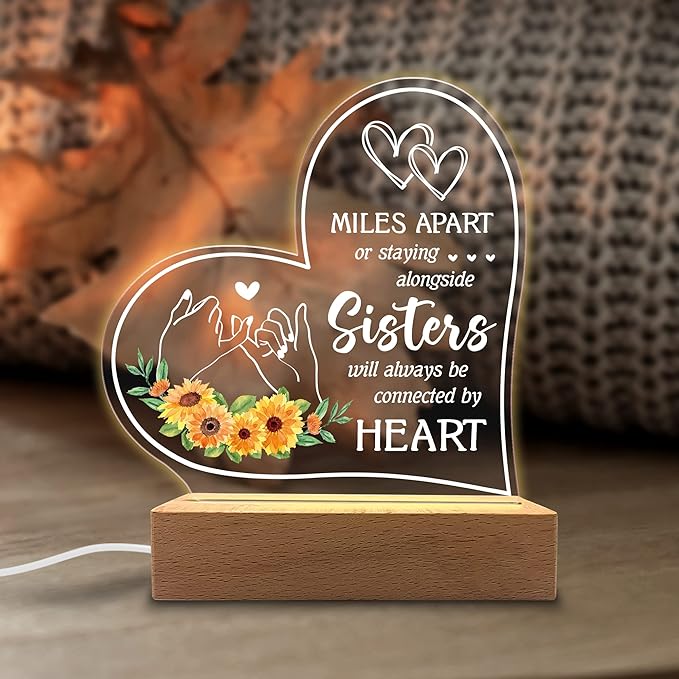 Acrylic Night Light Gifts for Sister - Sisters Will Always be Connected by Hearts - Thoughtful Sister Gifts from Sister, Brother - Birthday Gifts for Sister from Brother, Sister - LeafyLoom