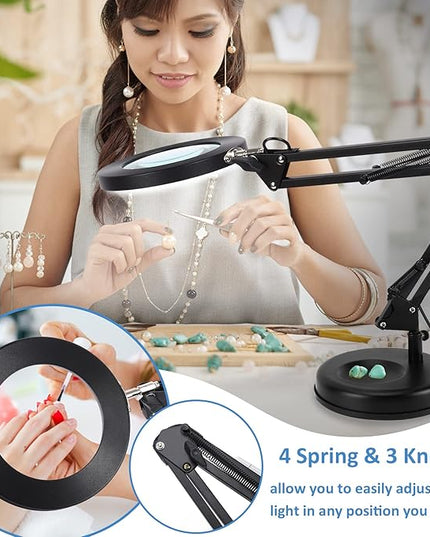 Magnifying Glass with Light and Stand, Veemagni 8X Real Glass 2-in-1 Desk Lamp & Clamp, 3 Color Modes Stepless Dimmable, LED Lighted Magnifier with Light for Hobby Reading Crafts Repair Close Works - LeafyLoom