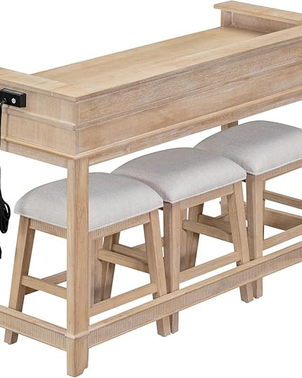 NicBex Kitchen Table Chairs Set of 4 Dining Table Set 4-Piece Dining Bar Table Set with 3 Upholstered Stools, Multifunctional Dining Table with 3 Drawers, Natural Wood Wash - LeafyLoom