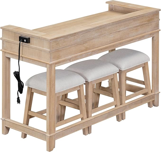NicBex Kitchen Table Chairs Set of 4 Dining Table Set 4-Piece Dining Bar Table Set with 3 Upholstered Stools, Multifunctional Dining Table with 3 Drawers, Natural Wood Wash - LeafyLoom