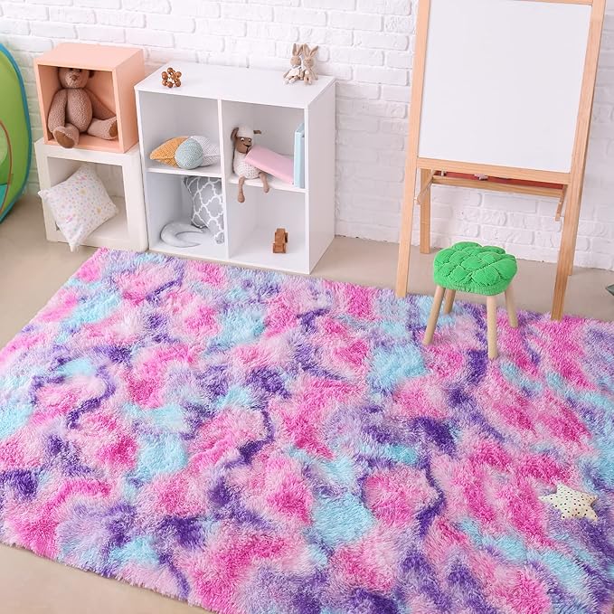 AROGAN Soft Rainbow Area Rugs for Girls Room 6x9 Feet, Fluffy Girls Bedroom Rugs, Princess Rug, Cute Colorful Carpet for Kids Teens Nursery Toddler, Hot Pink - LeafyLoom