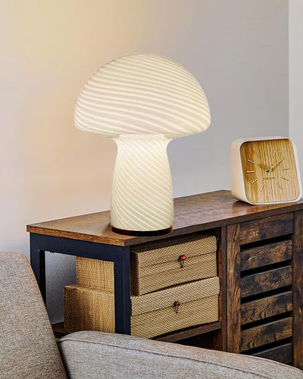 Mushroom Lamp,Glass Table Bedside Lamps,Translucent Vintage Style Striped Small Night Mushroom Decor Light for Ambient,Kids,Bedroom,Living,Gift (Stripe White) - LeafyLoom