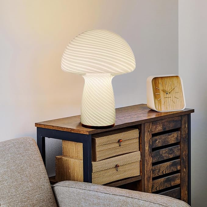 Mushroom Lamp,Glass Table Bedside Lamps,Translucent Vintage Style Striped Small Night Mushroom Decor Light for Ambient,Kids,Bedroom,Living,Gift (Stripe White) - LeafyLoom