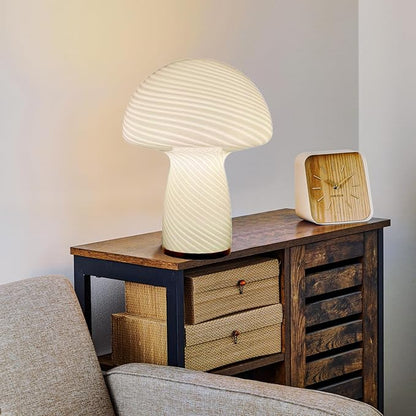 Mushroom Lamp,Glass Table Bedside Lamps,Translucent Vintage Style Striped Small Night Mushroom Decor Light for Ambient,Kids,Bedroom,Living,Gift (Stripe White) - LeafyLoom