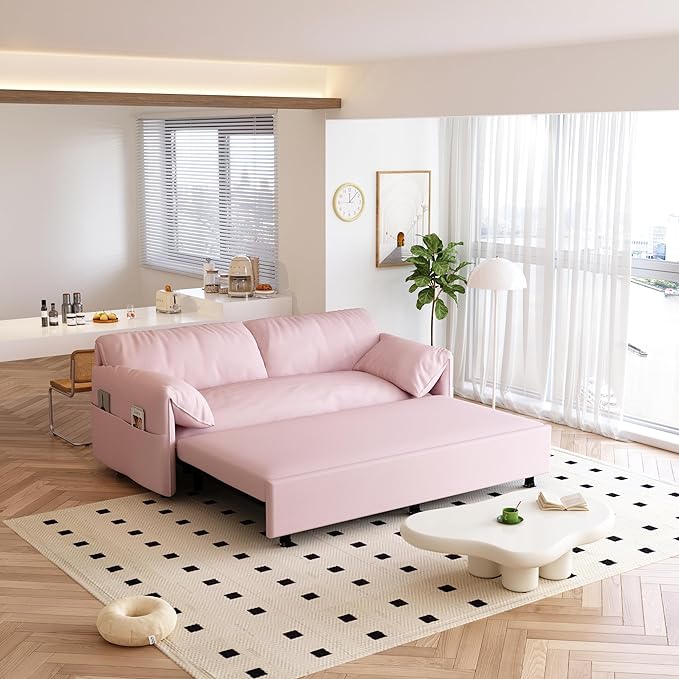 Oversized 3 in 1 Loveseat Sleeper Sofa Bed,Queen Size Love Seats W/Pull Out Couch and Padded Armrests Convertible Spacious Sofabed with Side Storage Pocket for Home Office Apartment Living Room - LeafyLoom