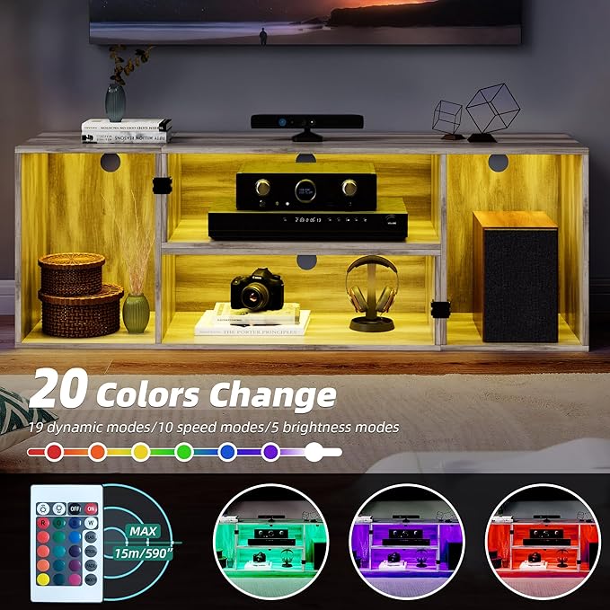 YITAHOME DIY TV Stand w/LED Strip, Modern Deformable Entertainment Center for 75/70/65/60/55/50/45 inch TVs, Gaming TV Consoles 2 Pieces Media Console for 300lbs for Living Room, Light Oak Grey - LeafyLoom