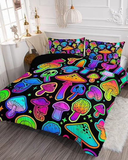 Mushroom Comforter Set Kids Bedding Set Full,3Pcs Colorful Soft Black Gradient Mushroom Quilt Set Bed in A Bag with 1 Comforter 2 Pillowcases for Kids Boys Girls Teens Adults Room Decor All Season - LeafyLoom