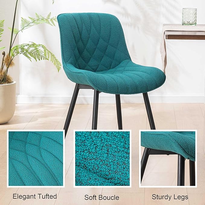 Velvet Dining Chairs Set of 2, Boucle Upholstered Dining Room Chairs with Curved Backrest for Kitchen Living Room Dining Room, Peacock Green - LeafyLoom