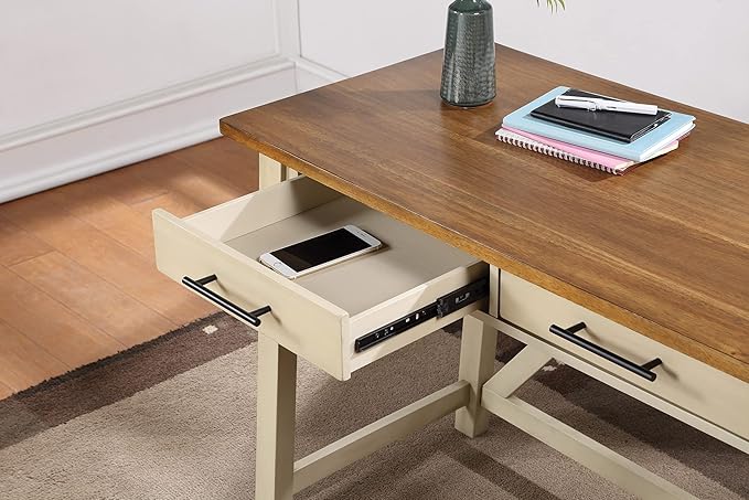 OSP Home Furnishings Milford Rustic 42 Inch Writing Desk with 2 Drawers and Burnished Decorative Hardware, Antique White - LeafyLoom