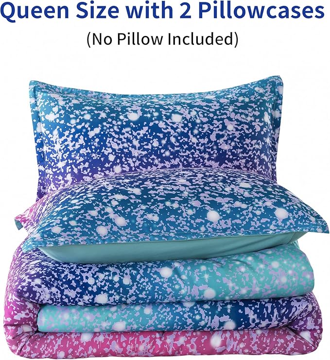 Litanika Galaxy Comforter Queen(90x90lnch), 3 Pieces(1 Blue Glitter Ombre Comforter, 2 Pillowcases), 3D Colorful Rainbow Bedding Set, Microfiber Comforter Set for Kid Boy Girl Teen - LeafyLoom