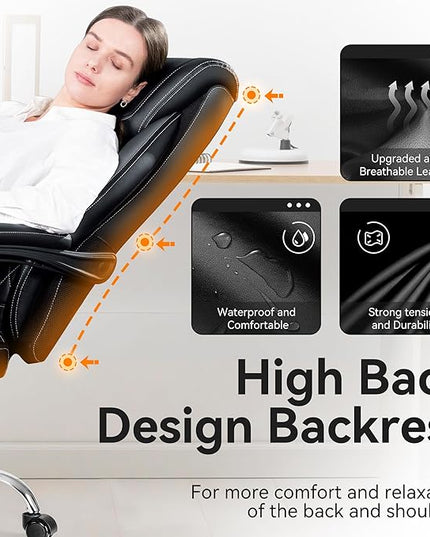 Office Chair, Executive Leather Chair Adjustable High Back, Ergonomic Computer Desk Chair Lumbar Support, Big and Tall Office Chair with Footrest, Comfy Reclining Chair for Home Office - LeafyLoom