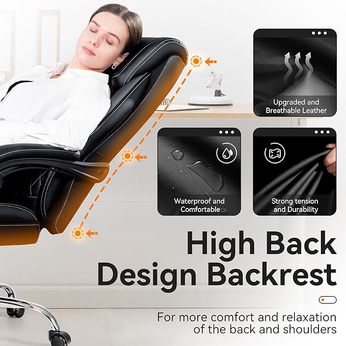 Office Chair, Executive Leather Chair Adjustable High Back, Ergonomic Computer Desk Chair Lumbar Support, Big and Tall Office Chair with Footrest, Comfy Reclining Chair for Home Office - LeafyLoom