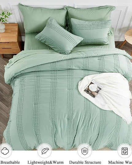 ENJOHOS Queen Comforter Set 7 Piece - Sage Green Comforters Queen Size, Queen Bed in a Bag Set, Boho Tufted Bedding Comforter Set with Pom Pom Design, Lightweight Soft Microfiber Comforter Bed Set - LeafyLoom