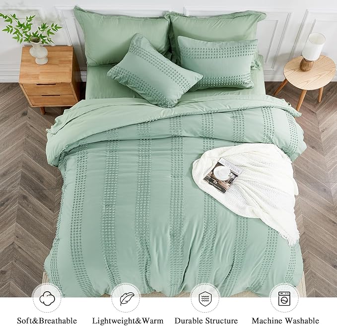 ENJOHOS Queen Comforter Set 7 Piece - Sage Green Comforters Queen Size, Queen Bed in a Bag Set, Boho Tufted Bedding Comforter Set with Pom Pom Design, Lightweight Soft Microfiber Comforter Bed Set - LeafyLoom