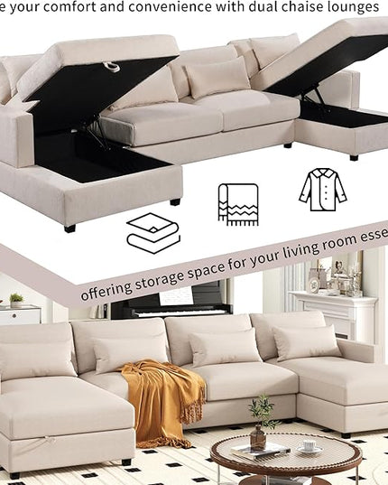 128.3" Modern Large U-Shaped Sectional Sofa with 2 Storage Chaise and 4 Lumbar Pillows, Oversized Reversible Upholstered Couch for Living Room, Apartment, Office, Beige, 128.3 Inch - LeafyLoom