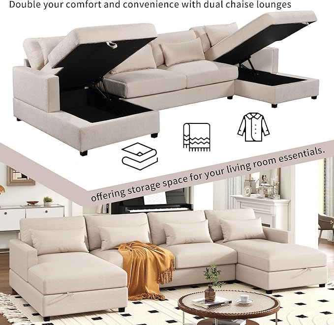 128.3" Modern Large U-Shaped Sectional Sofa with 2 Storage Chaise and 4 Lumbar Pillows, Oversized Reversible Upholstered Couch for Living Room, Apartment, Office, Beige, 128.3 Inch - LeafyLoom
