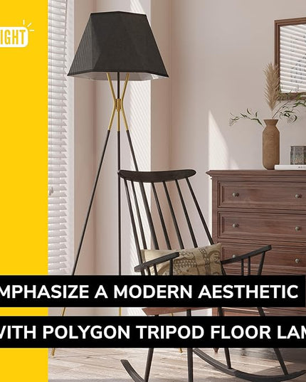 Inlight 65" Modern 1-Light Black and Gold Tripod Floor Lamp with Geometric Design Shade and Black Metal Legs, Bulb Not Included, IN-0808-1-BK - LeafyLoom