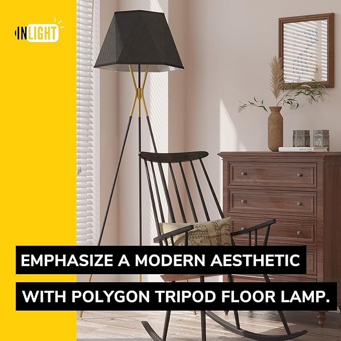 Inlight 65" Modern 1-Light Black and Gold Tripod Floor Lamp with Geometric Design Shade and Black Metal Legs, Bulb Not Included, IN-0808-1-BK - LeafyLoom