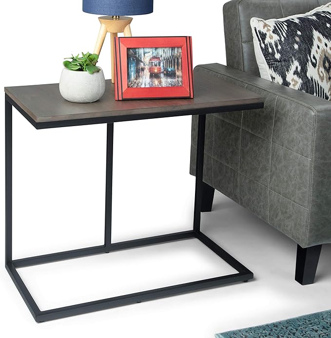 SIMPLIHOME Ward SOLID MANGO WOOD and Metal 28 inch wide Square C Side Table in Warm Grey, for the Living Room and Bedroom - LeafyLoom