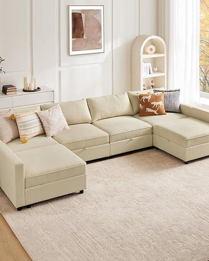 Sweetcrispy Convertible Sectional Sofa Couch, 6 Seat 8 Back Sofa Set with Storage for Living Room, L-Shaped Modern Modular Sofa Sleeper with Ottoman, Comfy Sofa Couch with Extra Deep Seats, Beige - LeafyLoom