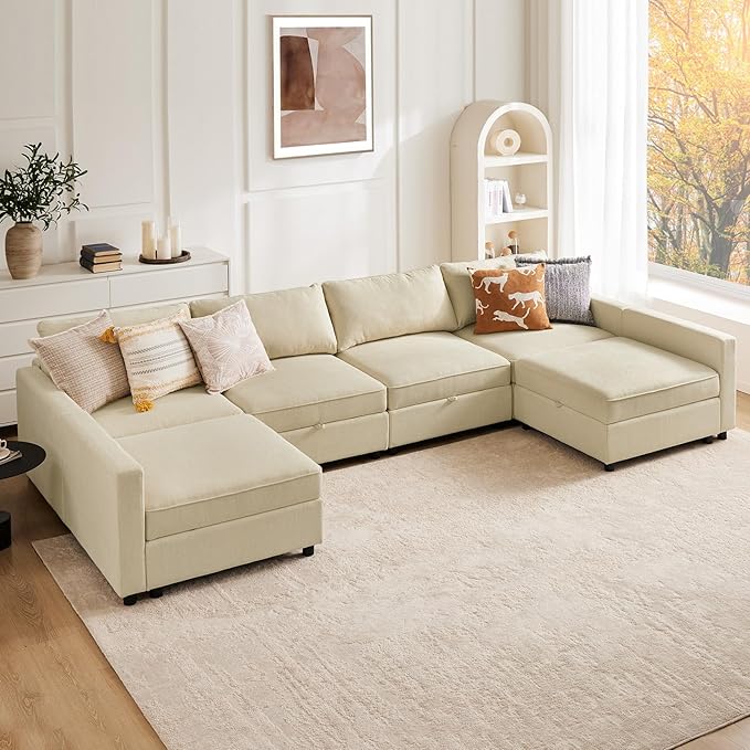 Sweetcrispy Convertible Sectional Sofa Couch, 6 Seat 8 Back Sofa Set with Storage for Living Room, L-Shaped Modern Modular Sofa Sleeper with Ottoman, Comfy Sofa Couch with Extra Deep Seats, Beige - LeafyLoom