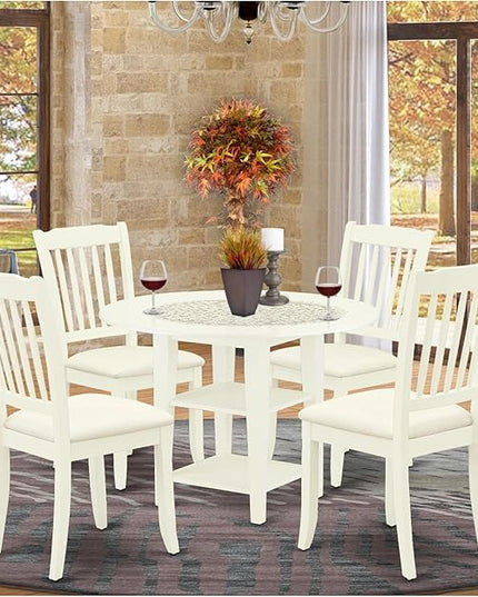 East West Furniture SUDA5-LWH-C 5 Piece Kitchen Table Set for 4 Includes a Round Dining Room Table with Dropleaf & Shelves and 4 Linen Fabric Upholstered Chairs, 42x42 Inch, Linen White - LeafyLoom