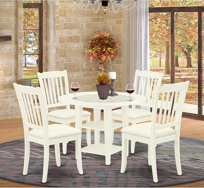 East West Furniture SUDA5-LWH-C 5 Piece Kitchen Table Set for 4 Includes a Round Dining Room Table with Dropleaf & Shelves and 4 Linen Fabric Upholstered Chairs, 42x42 Inch, Linen White - LeafyLoom