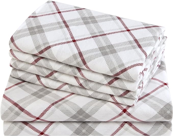 Comfort Spaces Cotton Flannel Breathable Warm Deep Pocket Sheets with Pillow Case Bedding, King, Grey/Red Plaid 4 Piece - LeafyLoom