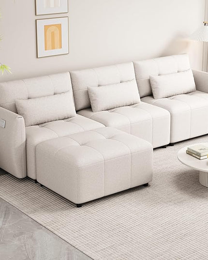 Comfy Cloud Couches for Living Room 113.3" Convertible Sectional Sofa, Beige-c - LeafyLoom