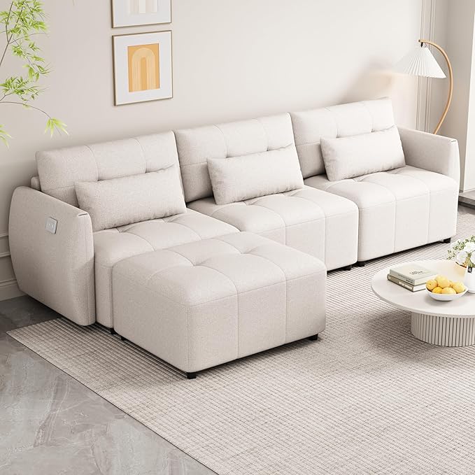 Comfy Cloud Couches for Living Room 113.3" Convertible Sectional Sofa, Beige-c - LeafyLoom
