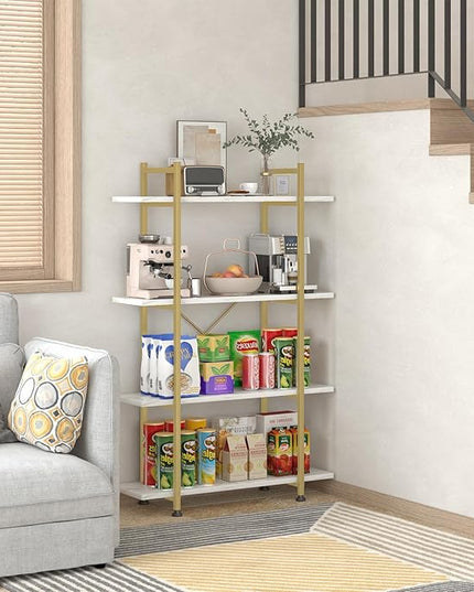 Bookshelf 4 Tiers White and Gold Wooden Storage Shelf,Modern Open Display Storage Bookcase Book Organizer,Metal Bookshelf Standing Storage Shelf Tall Shelving Units for Home Office Study - LeafyLoom
