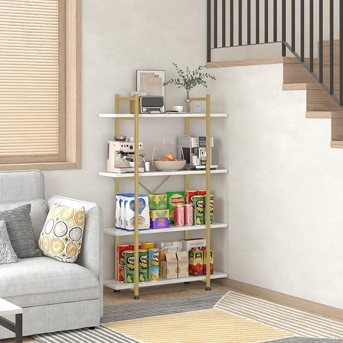 Bookshelf 4 Tiers White and Gold Wooden Storage Shelf,Modern Open Display Storage Bookcase Book Organizer,Metal Bookshelf Standing Storage Shelf Tall Shelving Units for Home Office Study - LeafyLoom
