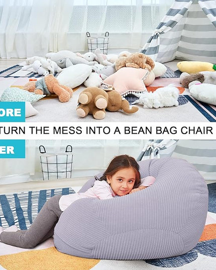 Stuffed Animal Storage Bean Bag Chair Cover for Kids, 38" Beanbag Chairs Cover Plush Toys Organizer Super Soft Corduroy with Handle and Zipper for Boys and Girls - Grey - LeafyLoom