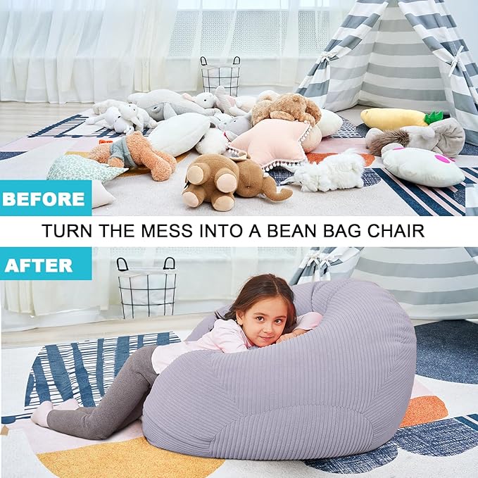 Stuffed Animal Storage Bean Bag Chair Cover for Kids, 38" Beanbag Chairs Cover Plush Toys Organizer Super Soft Corduroy with Handle and Zipper for Boys and Girls - Grey - LeafyLoom