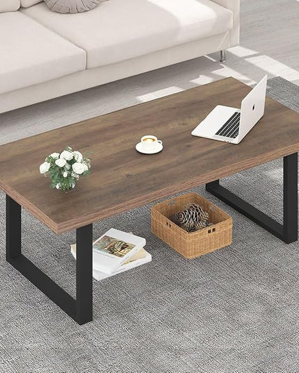 IBF Farmhouse Coffee Table, Modern Minimalist Wood Coffee Table for Living Room, Simple Industrial Rectangle Center Table, Wood and Metal Tea Coffee Table for Home Bedroom Office, Rustic Oak, 47 inch - LeafyLoom