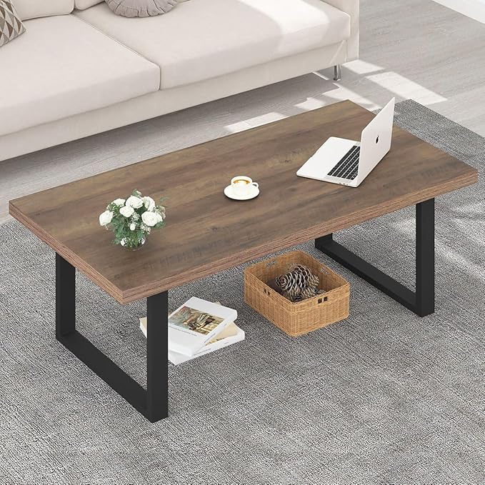 IBF Farmhouse Coffee Table, Modern Minimalist Wood Coffee Table for Living Room, Simple Industrial Rectangle Center Table, Wood and Metal Tea Coffee Table for Home Bedroom Office, Rustic Oak, 47 inch - LeafyLoom