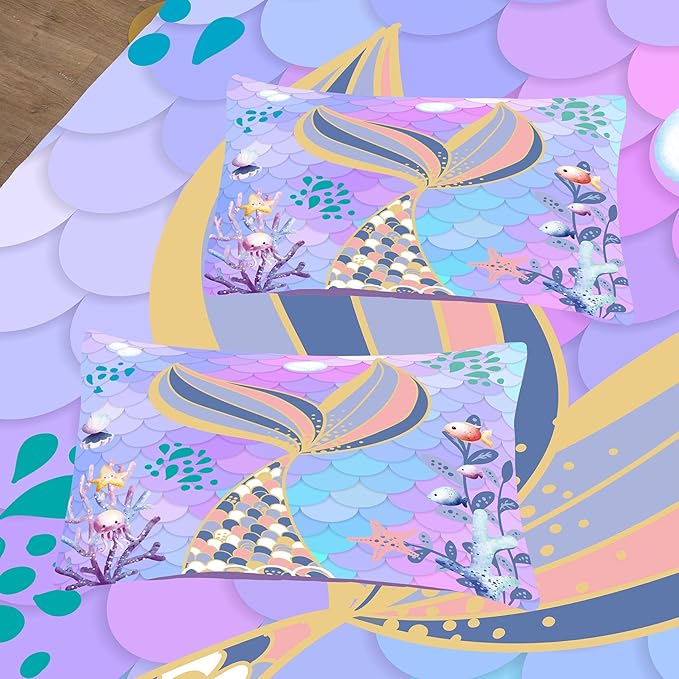 NINENINE Mermaid Tail Bedding Sets,Teal Purple Mermaid Comforter Set for Kids,Full Size Comforter Sets for Girls,Colorful Glitter Bedding Set with 1 Comforter 2Pillowcases… - LeafyLoom