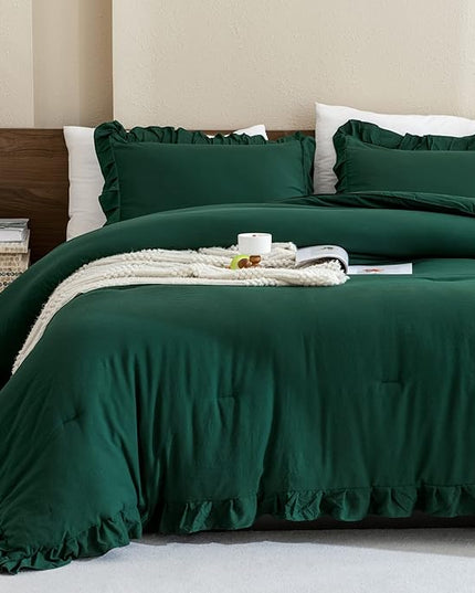 Andency Dark Emerald Green Comforter Set King, 3 Pieces Lightweight Ruffle Bedding Comforter Sets, Farmhouse Ruffle Bed Comforter Set, Lightweight and Soft Bedding Comforter for All Seasons - LeafyLoom