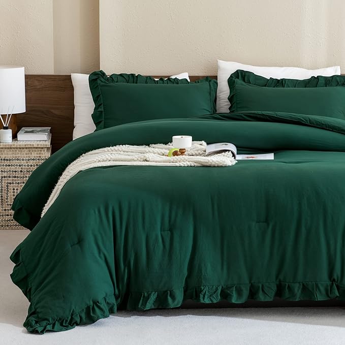 Andency Dark Emerald Green Comforter Set King, 3 Pieces Lightweight Ruffle Bedding Comforter Sets, Farmhouse Ruffle Bed Comforter Set, Lightweight and Soft Bedding Comforter for All Seasons - LeafyLoom