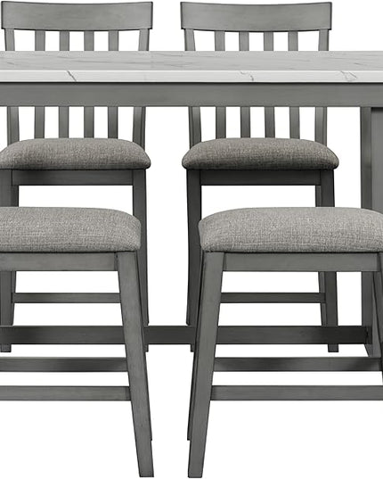 5-Piece Wooden Counter Height Dining Table Set with Faux Marble Veneer and Built-in Storage Shelves, 2 Upholstered Chairs and 2 Barstools, for Kitchen, Breakfast Nook, Bar, Living Room, Gray - LeafyLoom