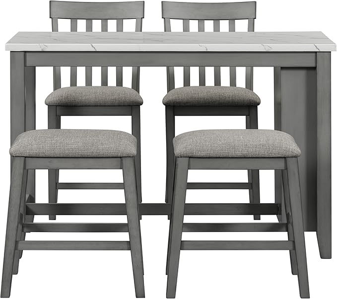 5-Piece Wooden Counter Height Dining Table Set with Faux Marble Veneer and Built-in Storage Shelves, 2 Upholstered Chairs and 2 Barstools, for Kitchen, Breakfast Nook, Bar, Living Room, Gray - LeafyLoom