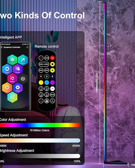 MIHEAL RGB Corner Floor Lamp, 56" Color Changing LED Corner Lamp with APP Control, Modern Standing Lamp with Music Sync and 16 Million DIY Colors, Heavy Base for Bedroom Living Room Gaming Room - LeafyLoom