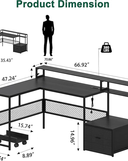 L Shaped Desk with Drawers, 66" Home Office Desk with Power Outlet and Led Strip, Reversible Computer Desk with Storage Shelves & Monitor Stand, Large Corner Desk Gaming Desk, Black - LeafyLoom