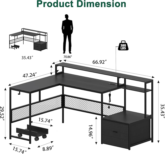 L Shaped Desk with Drawers, 66" Home Office Desk with Power Outlet and Led Strip, Reversible Computer Desk with Storage Shelves & Monitor Stand, Large Corner Desk Gaming Desk, Black - LeafyLoom