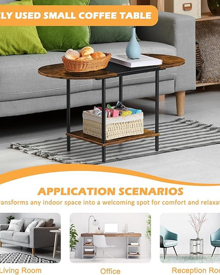 ETELI Small Round Coffee Tables for Small Space Farmhouse Oval Coffee Table with 2-Tier Storage Shelf Circle Center Tea Table for Living - LeafyLoom