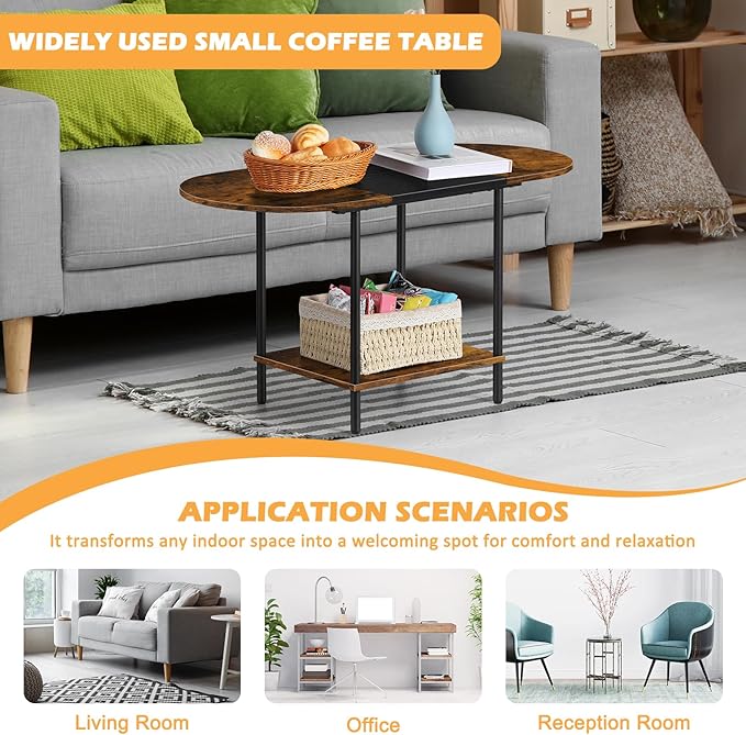 ETELI Small Round Coffee Tables for Small Space Farmhouse Oval Coffee Table with 2-Tier Storage Shelf Circle Center Tea Table for Living - LeafyLoom